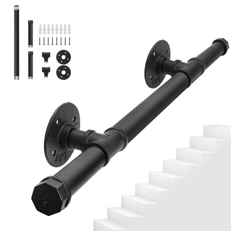 3.3FT/1M Metal Stairs Handrail, Wall Balustrade Non-Slip Industrial Iron Pipe Hand Railing, Wall Mount Support Step Baluster for Indoor Outdoor Stairs Hospitals Bathrooms Yards (Black)