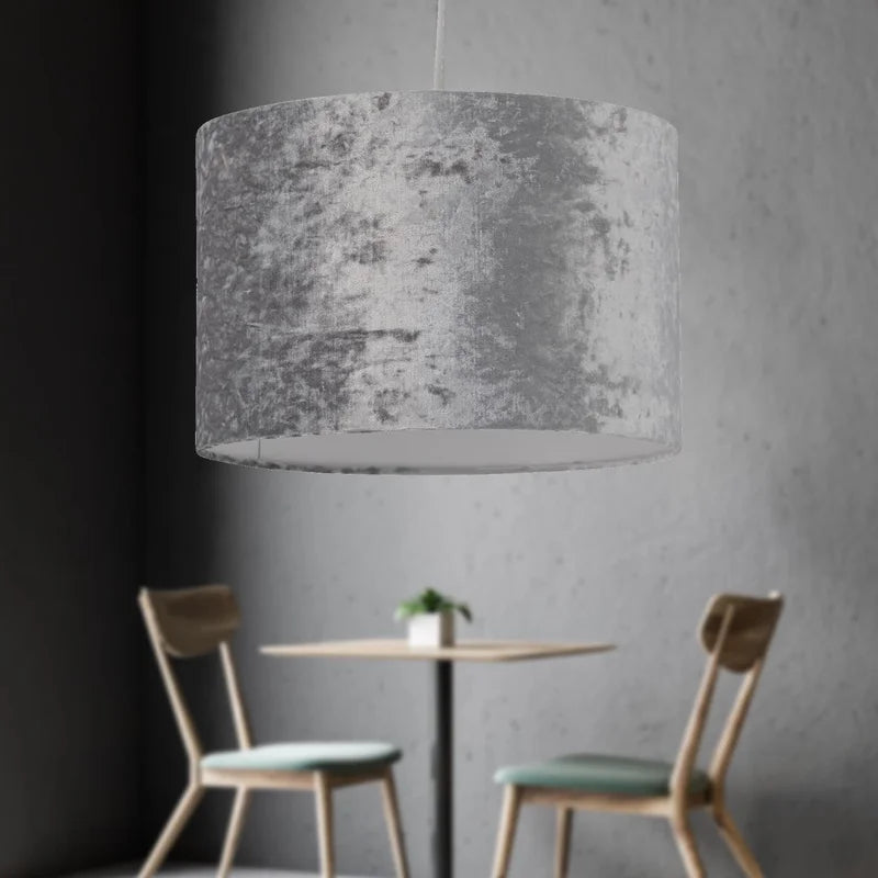 20Cm H Velvet Drum Pendant Shade ( Uno ) in Grey