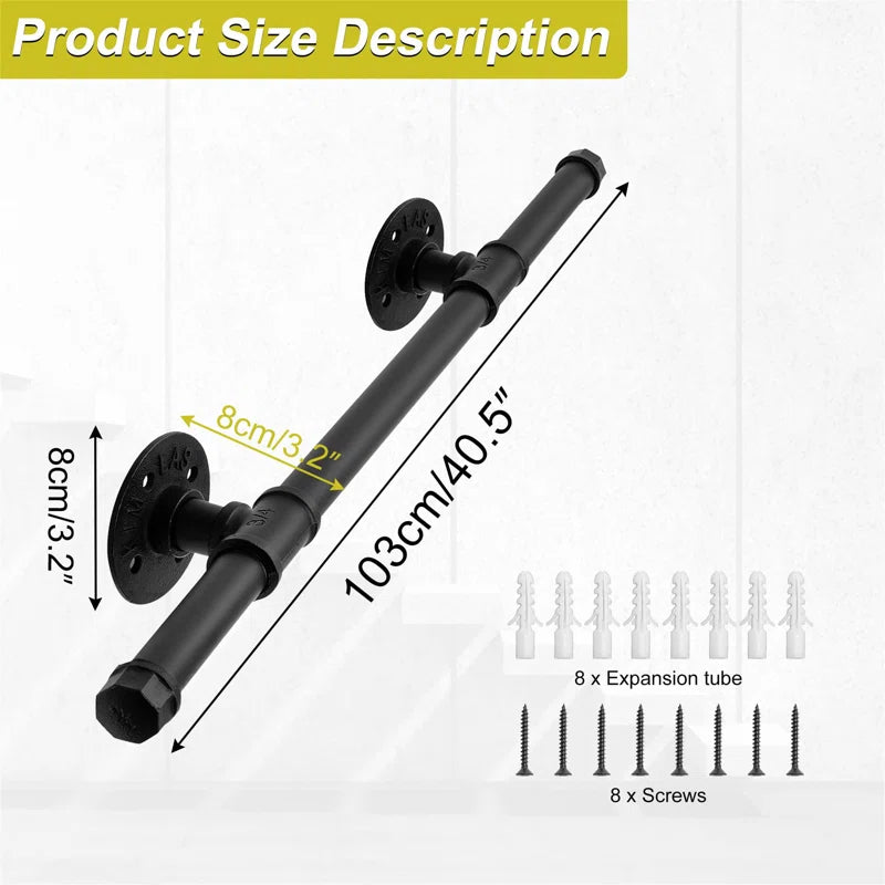 3.3FT/1M Metal Stairs Handrail, Wall Balustrade Non-Slip Industrial Iron Pipe Hand Railing, Wall Mount Support Step Baluster for Indoor Outdoor Stairs Hospitals Bathrooms Yards (Black)