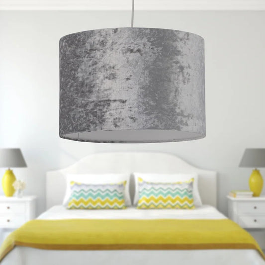 20Cm H Velvet Drum Pendant Shade ( Uno ) in Grey