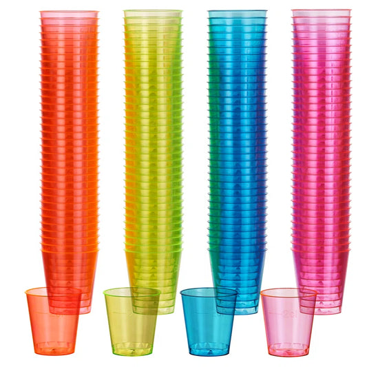 150 Multi-Use Neon Mixed Coloured Plastic Shot Cups Party Glasses - 30Ml