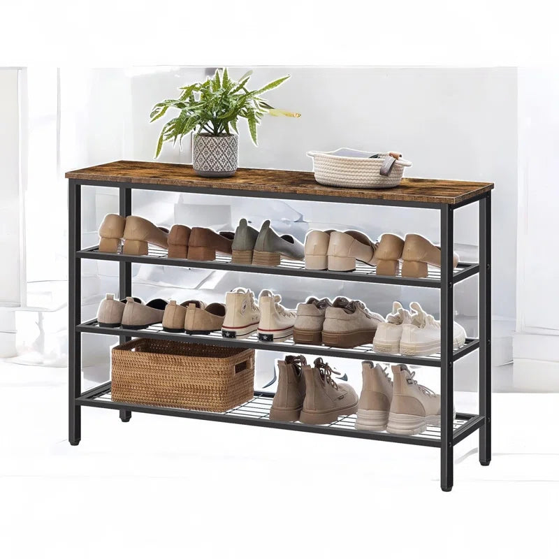 15 Pair Shoe Rack 4 Tier Industrial Rustic Brown Home Entryway Hallway Furniture