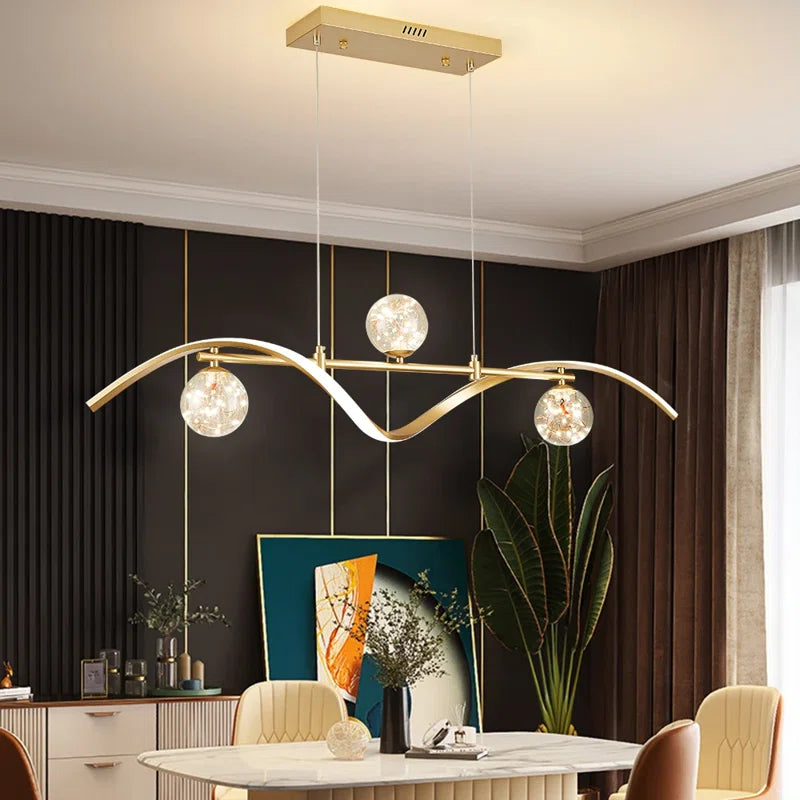 3-Light LED Linear Kitchen Island Lighting in Gold with Glass Globe Shade Dimmable