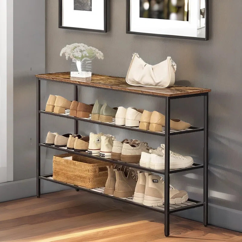 15 Pair Shoe Rack 4 Tier Industrial Rustic Brown Home Entryway Hallway Furniture