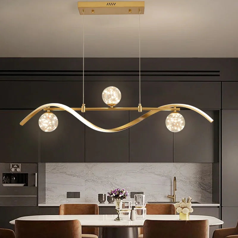 3-Light LED Linear Kitchen Island Lighting in Gold with Glass Globe Shade Dimmable