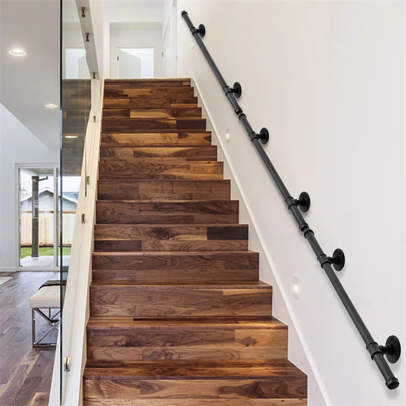 3.3FT/1M Metal Stairs Handrail, Wall Balustrade Non-Slip Industrial Iron Pipe Hand Railing, Wall Mount Support Step Baluster for Indoor Outdoor Stairs Hospitals Bathrooms Yards (Black)