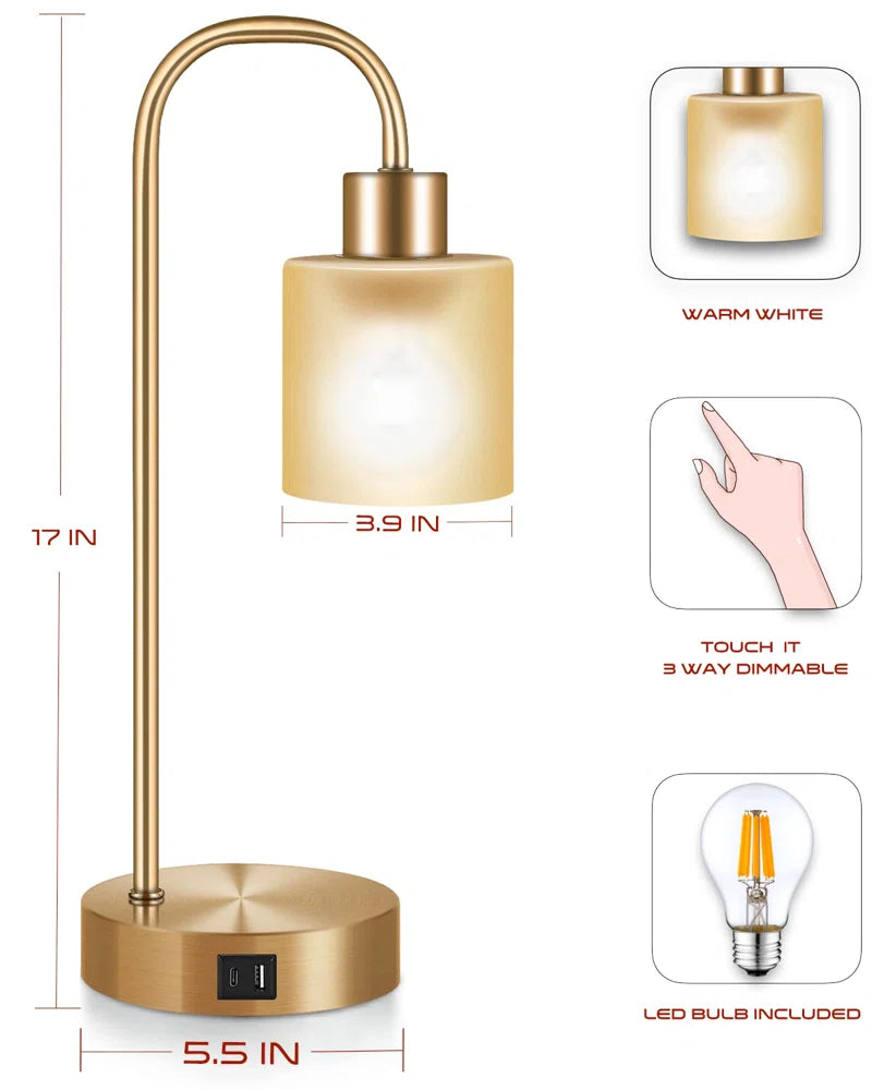 3 Way Dimmable Table Lamp,With 1 USB Charging Ports,1 Type C Port,Bulb Included[Energy Class A++]Gold